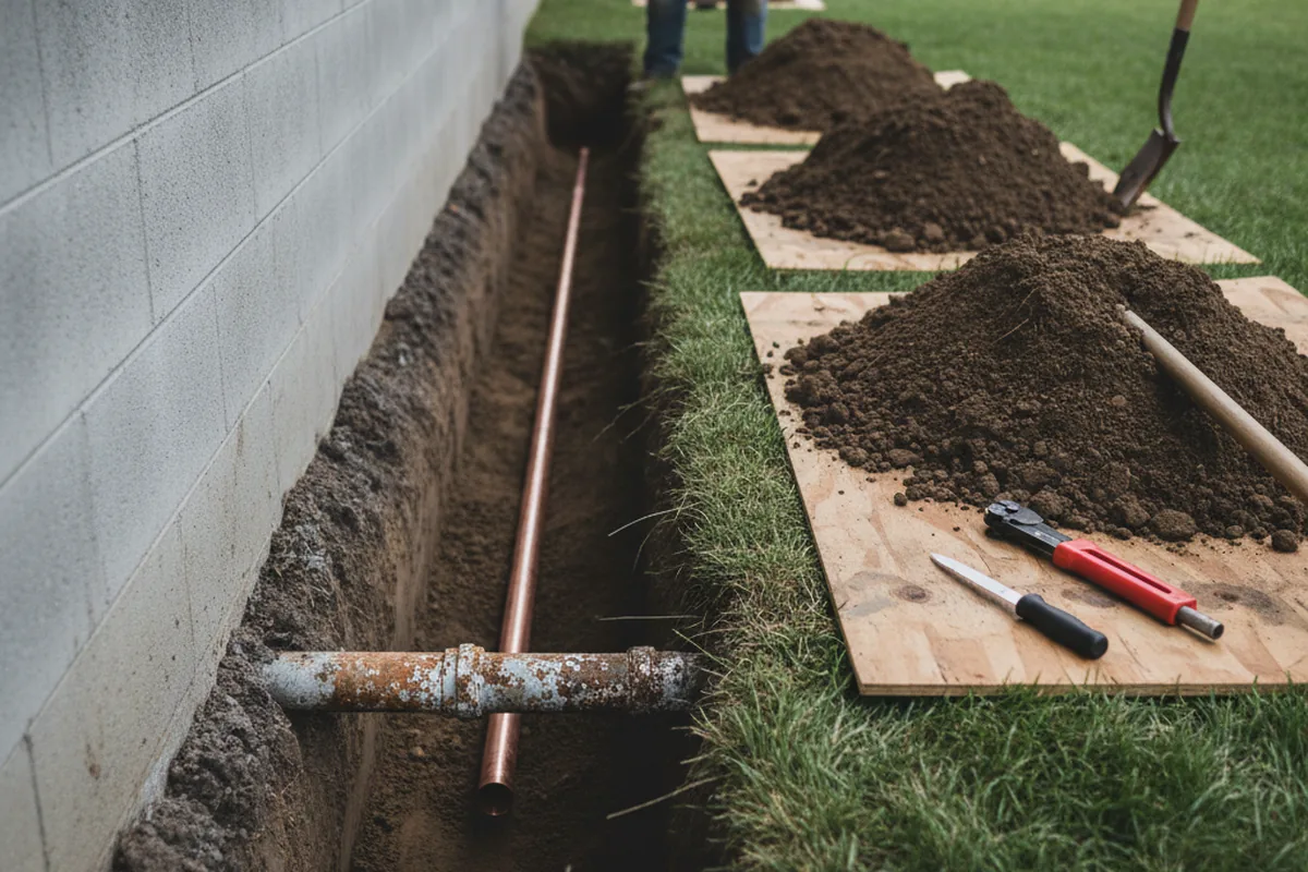 Excavated water line trench during Water Heater Repair in Diamond
